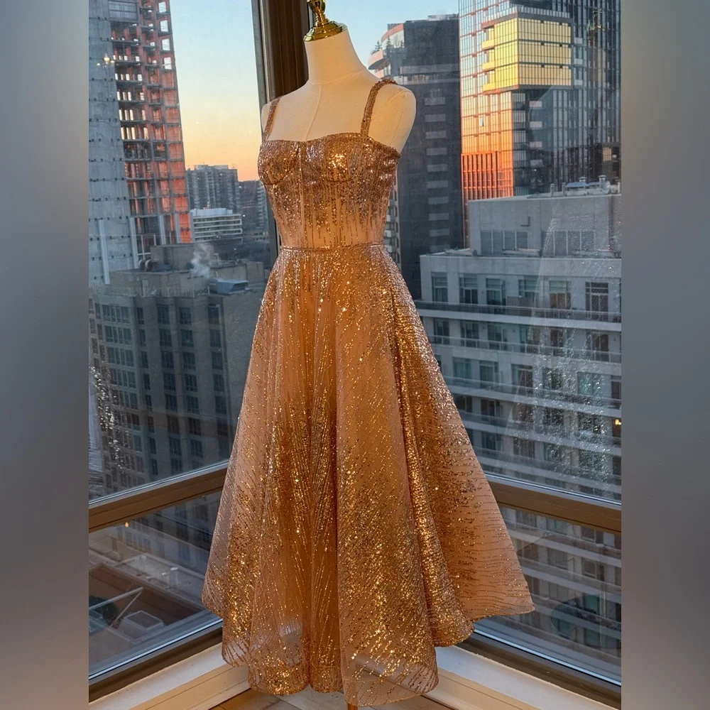 🆕 BRONX & BANCO 🧿 NWOT Mademoiselle Gold Sequin Midi Dress , Size XS US 2 - Picture 6 of 17